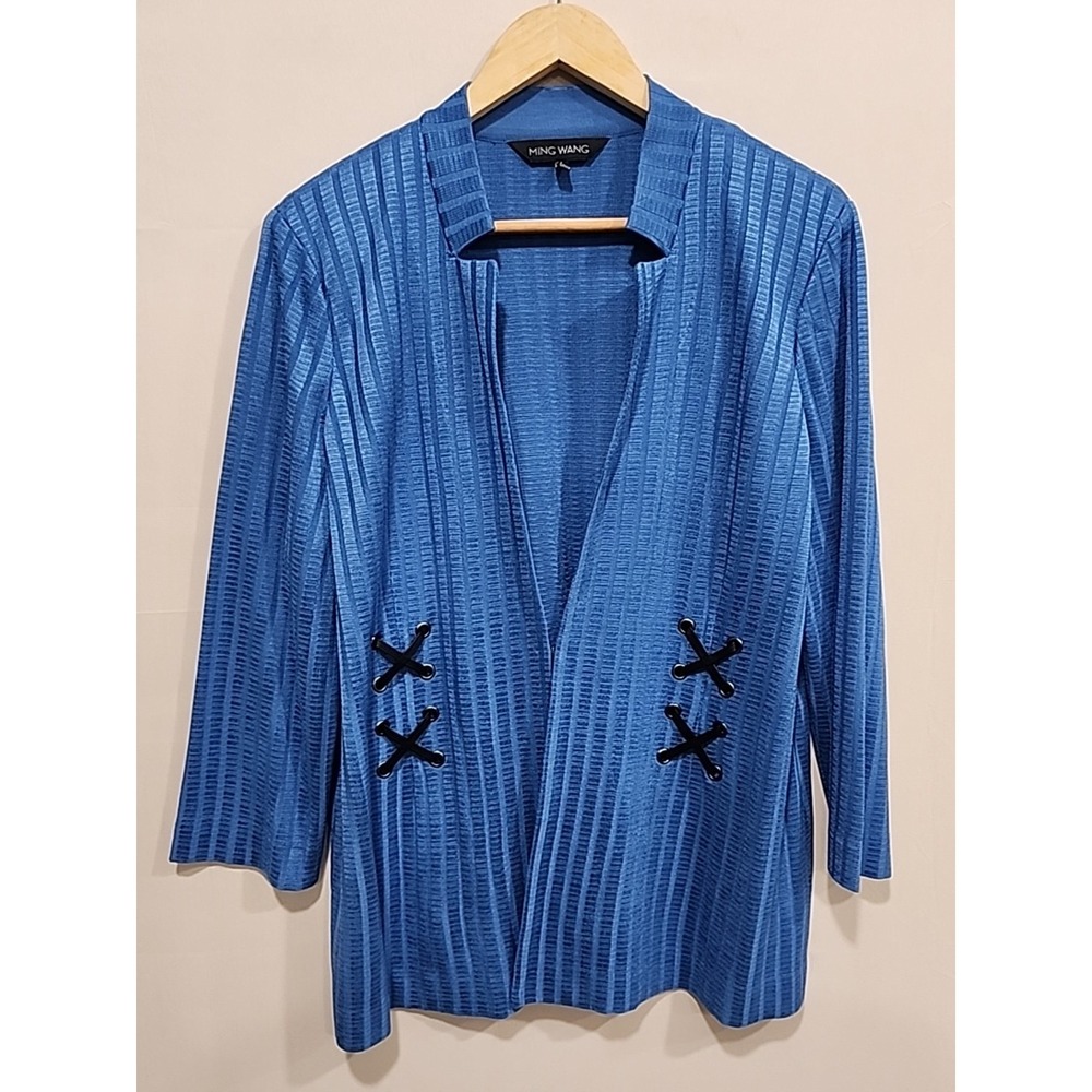 Ming Wang Ribbed Knit Blazer Cardigan Womens L Blue Long‎ Sleeve Open Front